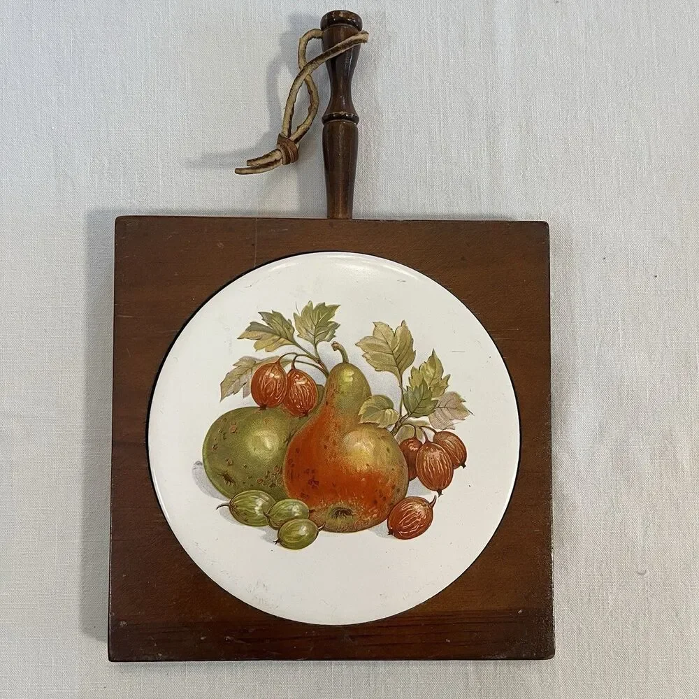 Trivet Vintage Ceramic Tile Wood Hanger Mixed Fruits Hot Plate MCM Cottagecore